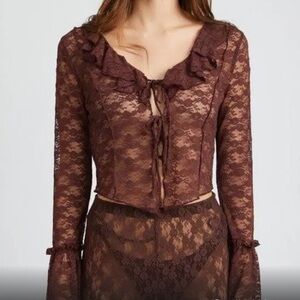 Y2K vintage lace ruffle tie top bell sleeve maroon burgundy Emory park Large